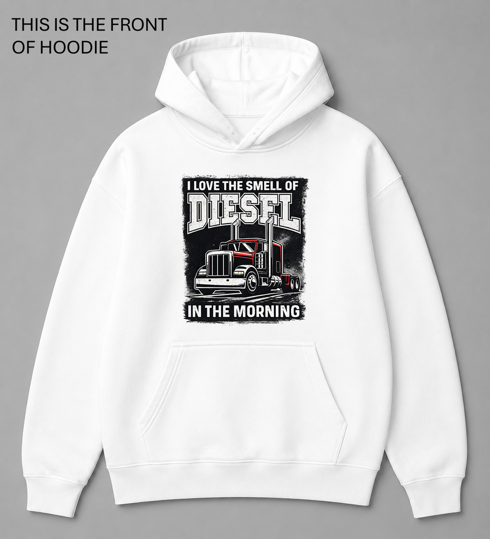 Premium graphic hoodie featuring the Smell of Diesel design by Built Different Goods. Comfortable everyday hoodie available in sizes S to True 5XL.