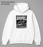 Premium graphic hoodie featuring the Smell of Diesel design by Built Different Goods. Comfortable everyday hoodie available in sizes S to True 5XL.