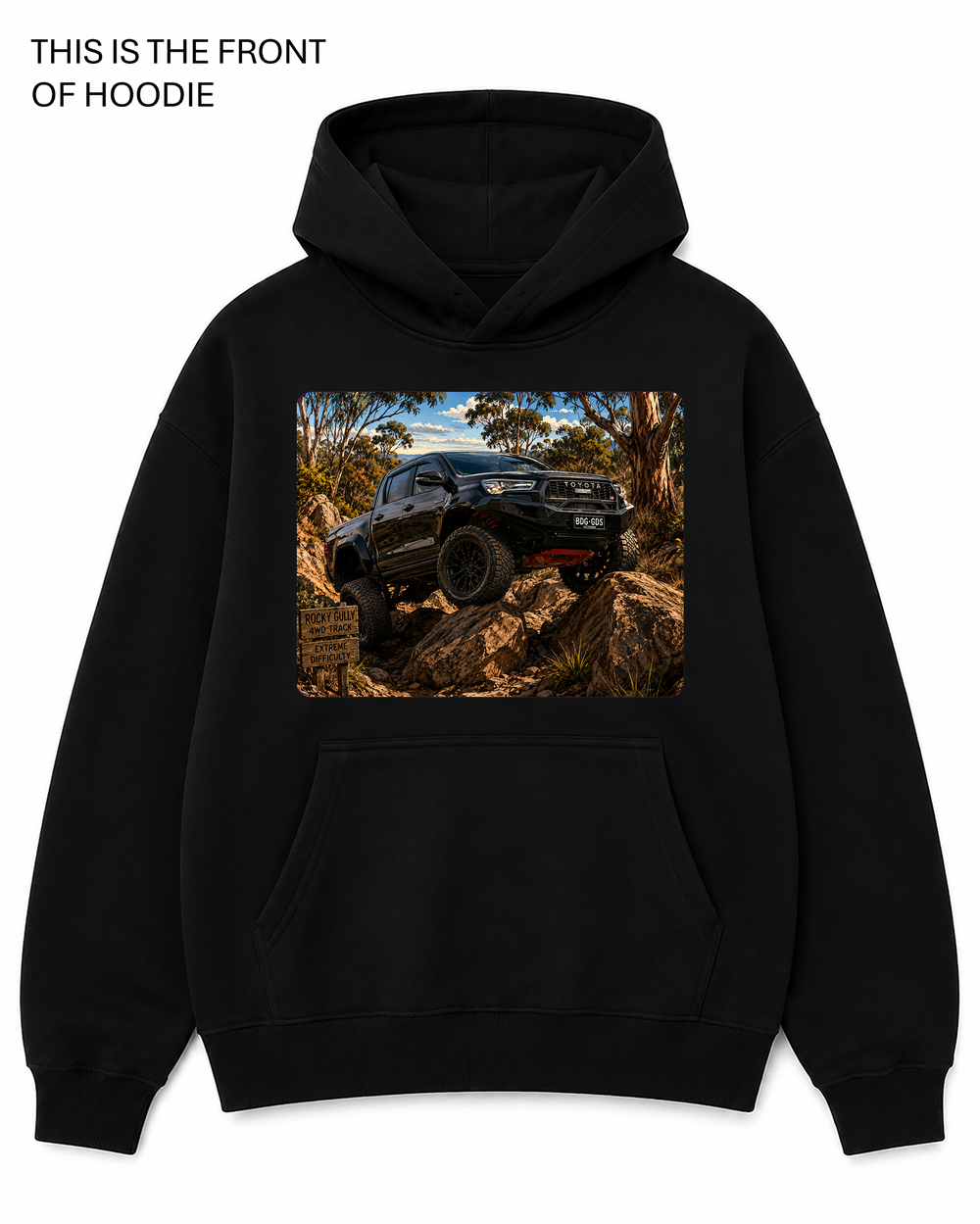Premium graphic hoodie featuring the Toyota Hilux GR Sports design by Built Different Goods. Comfortable everyday hoodie available in sizes S to True 5XL.