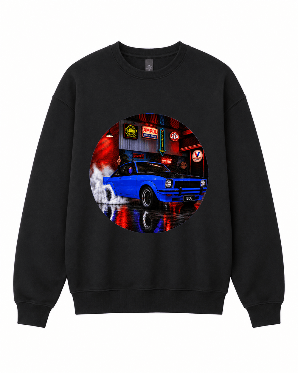 BDG Crew Neck Sweatshirt - Neon Garage Burnout with Classic Coupe - Built Different Goods