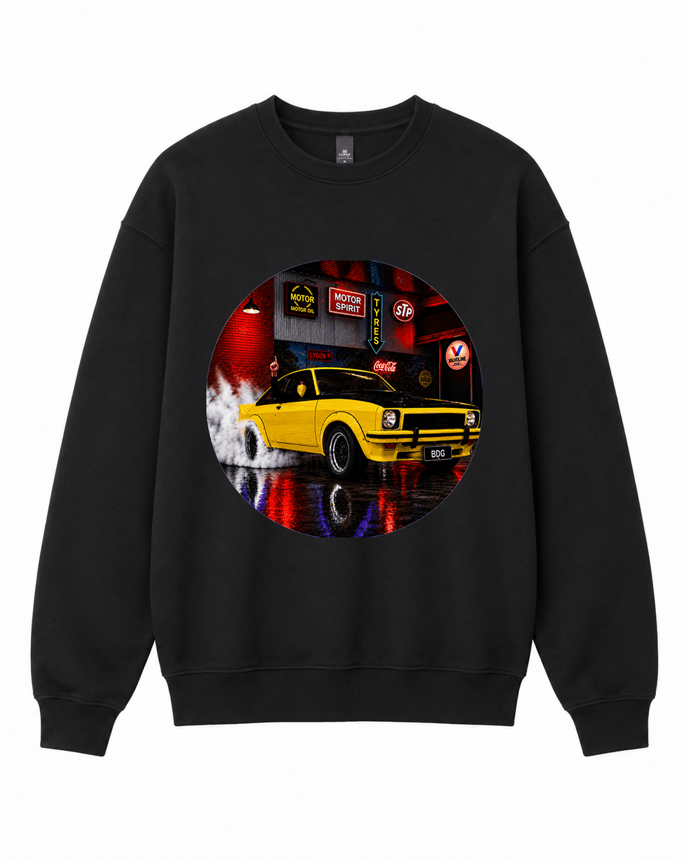 BDG Crew Neck Sweatshirt - Neon Garage Burnout with Classic Coupe - Built Different Goods