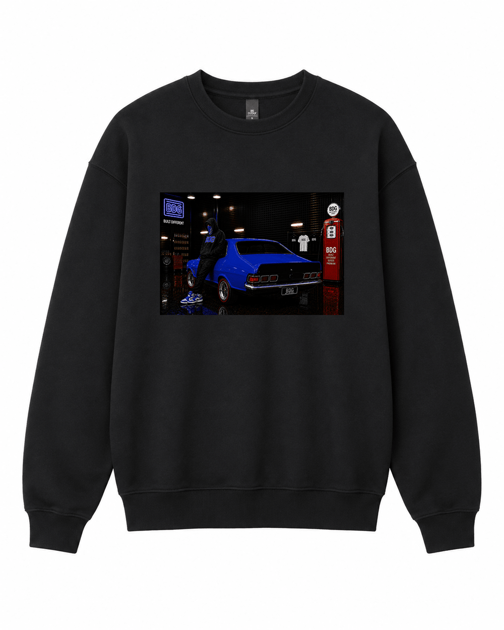 BDG Crew Neck Sweatshirt - Neon Garage Showcase with Classic Coupe - Built Different Goods