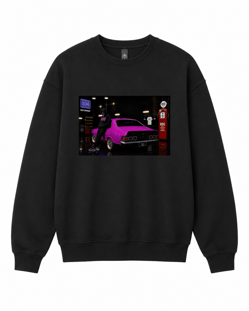 BDG Crew Neck Sweatshirt - Neon Garage Showcase with Classic Coupe - Built Different Goods