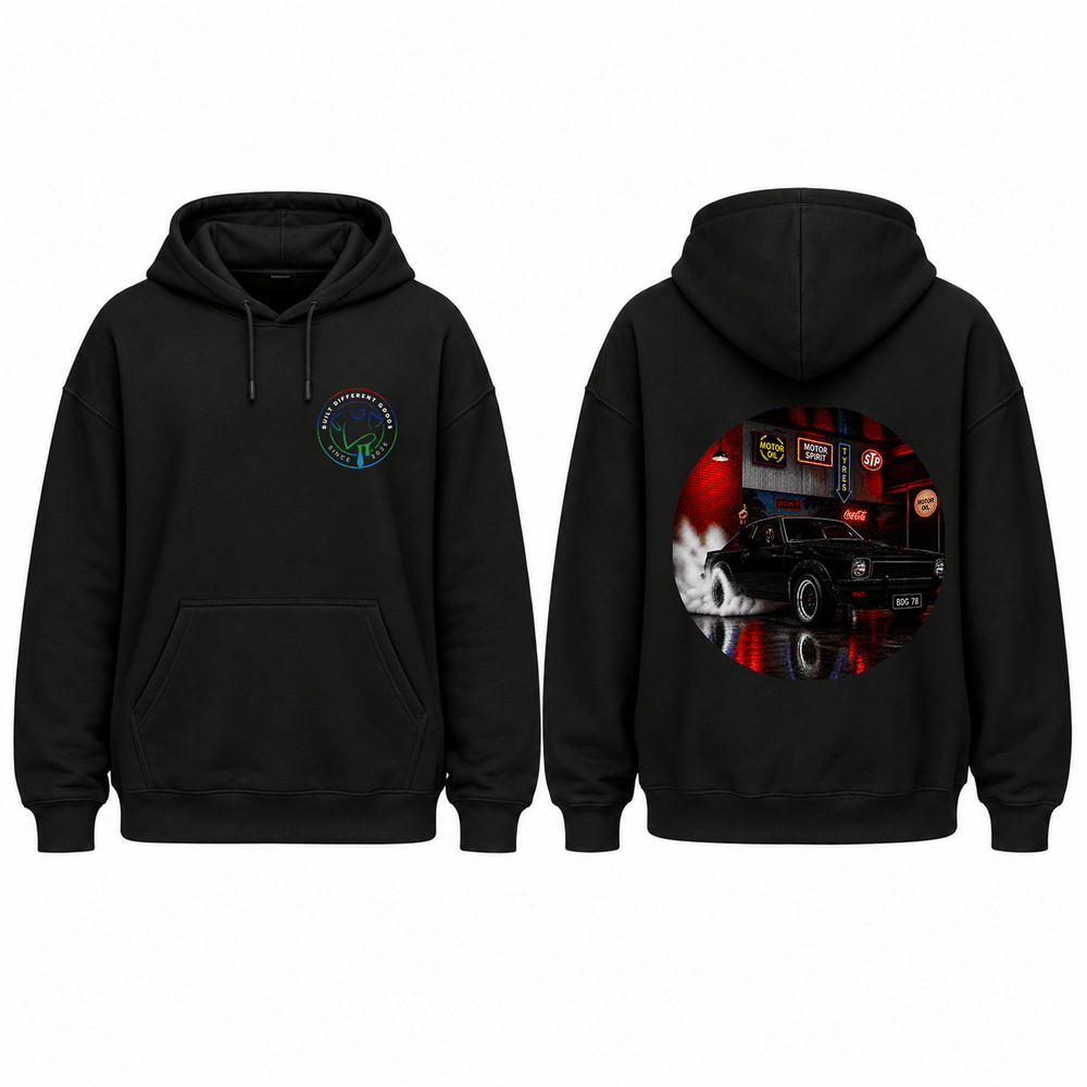 BDG Graphic Hoodie - Neon Garage Burnout with Classic Coupe - Built Different Goods