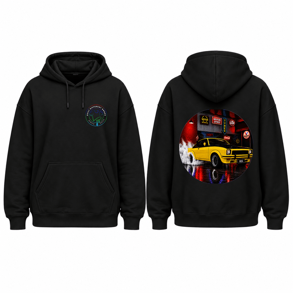 BDG Graphic Hoodie - Neon Garage Burnout with Classic Coupe - Built Different Goods