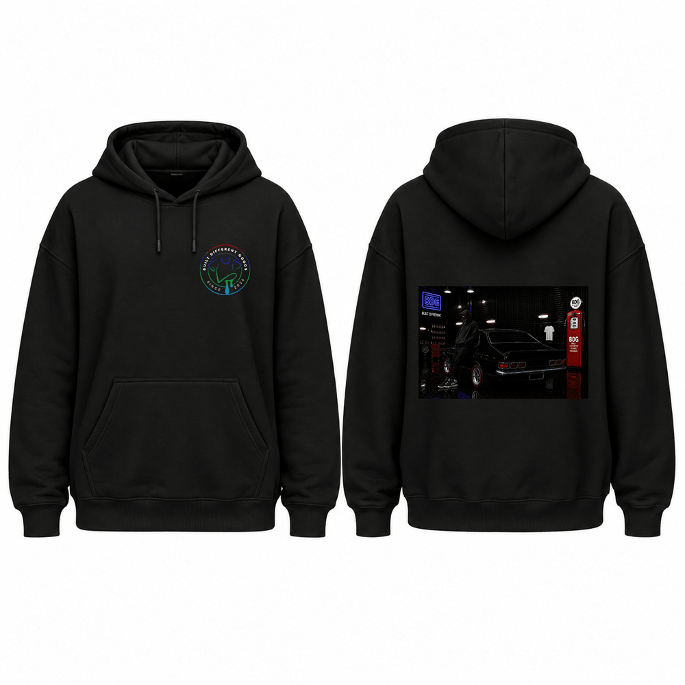 BDG Graphic Hoodie - Neon Garage Showcase with Classic Coupe - Built Different Goods