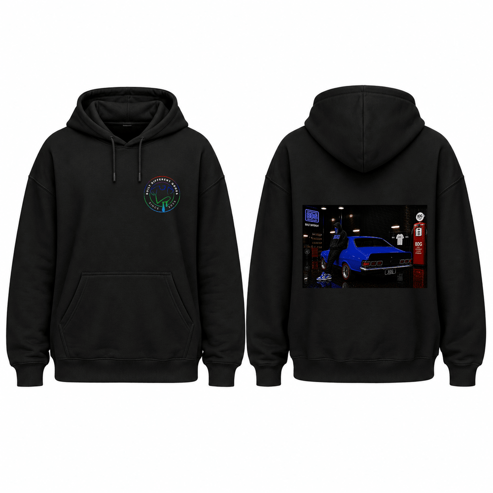 BDG Graphic Hoodie - Neon Garage Showcase with Classic Coupe - Built Different Goods
