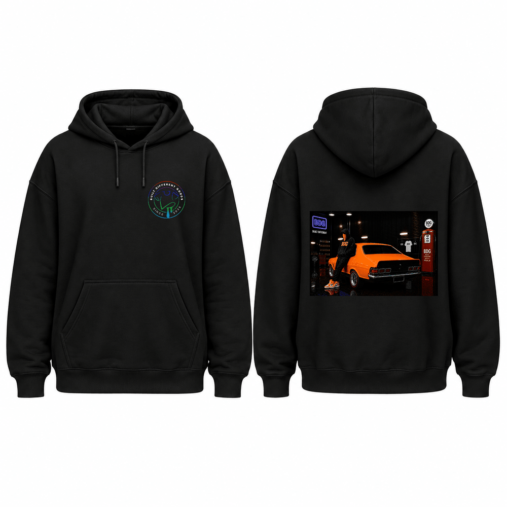 BDG Graphic Hoodie - Neon Garage Showcase with Classic Coupe - Built Different Goods