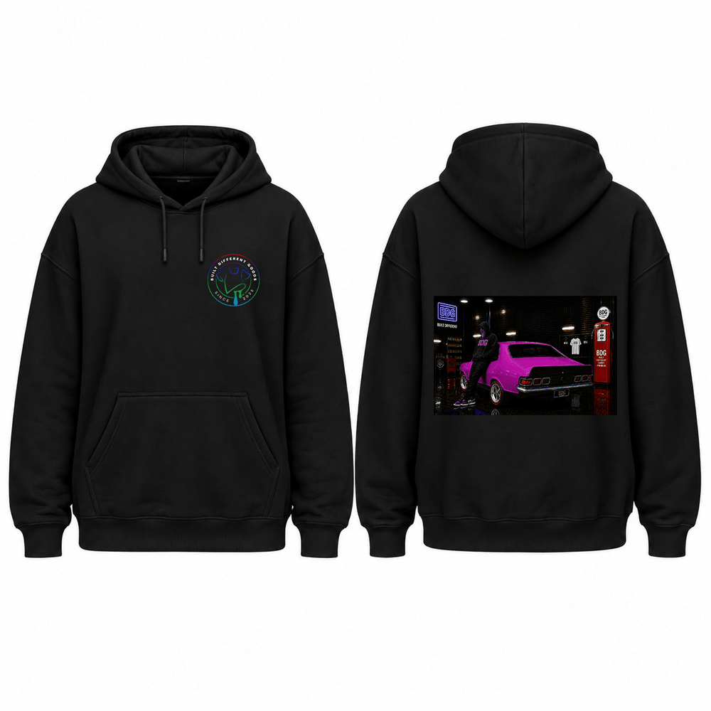 BDG Graphic Hoodie - Neon Garage Showcase with Classic Coupe - Built Different Goods