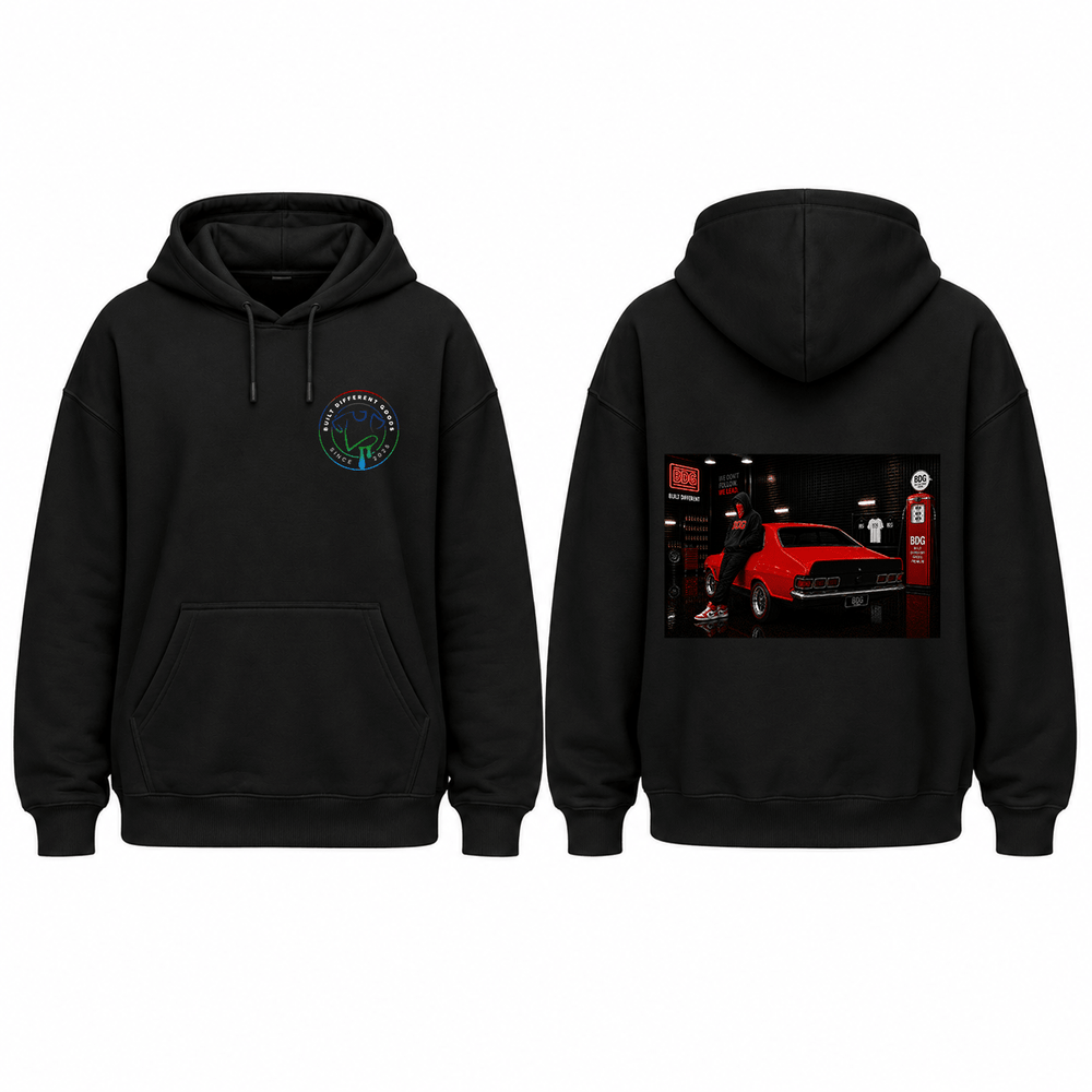 BDG Graphic Hoodie - Neon Garage Showcase with Classic Coupe - Built Different Goods