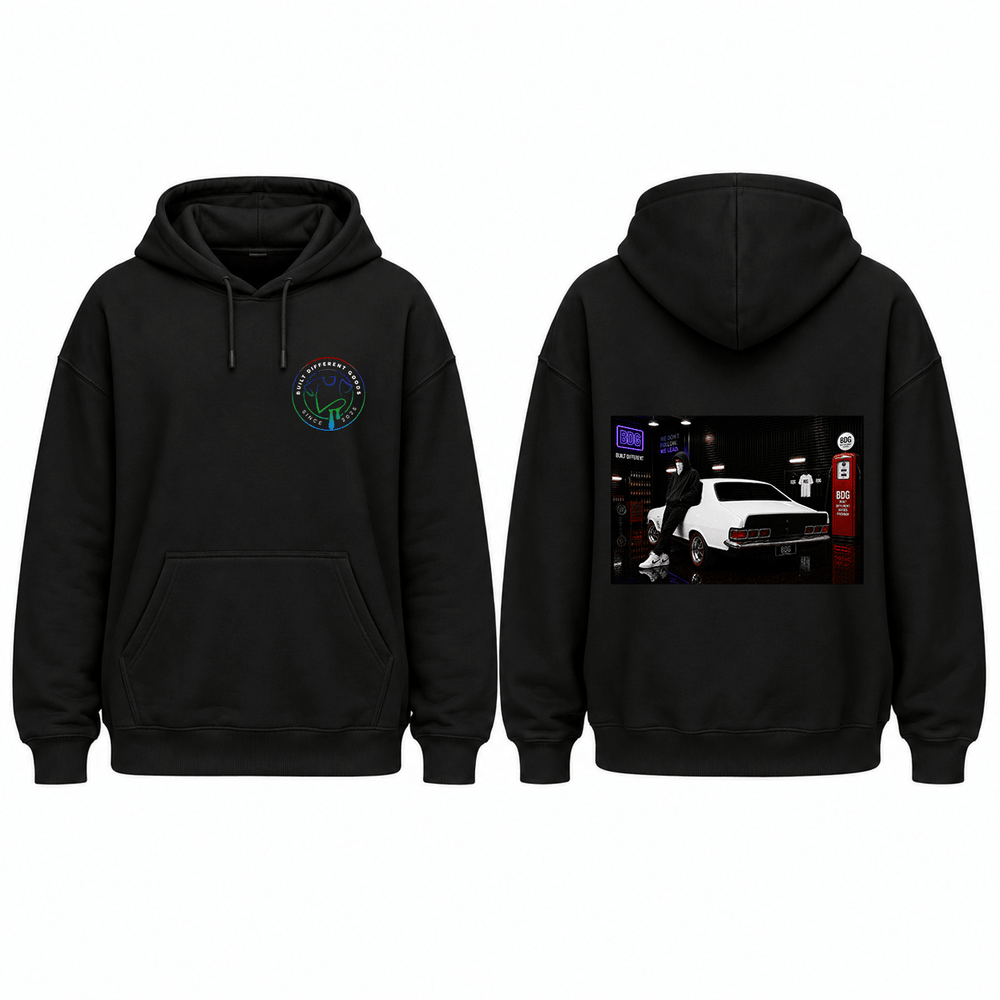 BDG Graphic Hoodie - Neon Garage Showcase with Classic Coupe - Built Different Goods