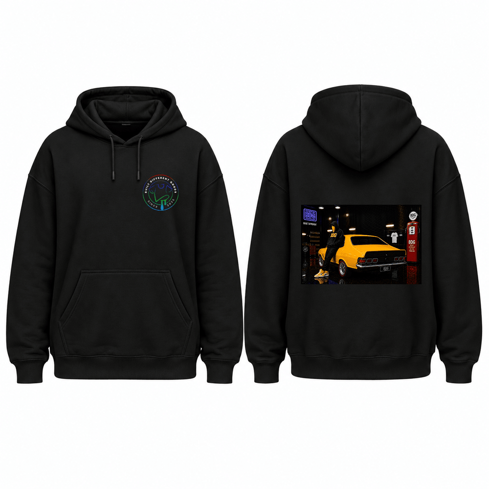BDG Graphic Hoodie - Neon Garage Showcase with Classic Coupe - Built Different Goods