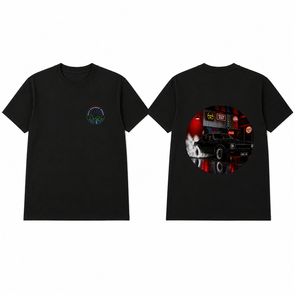 BDG Graphic T-Shirt - Neon Garage Burnout with Classic Coupe - Built Different Goods