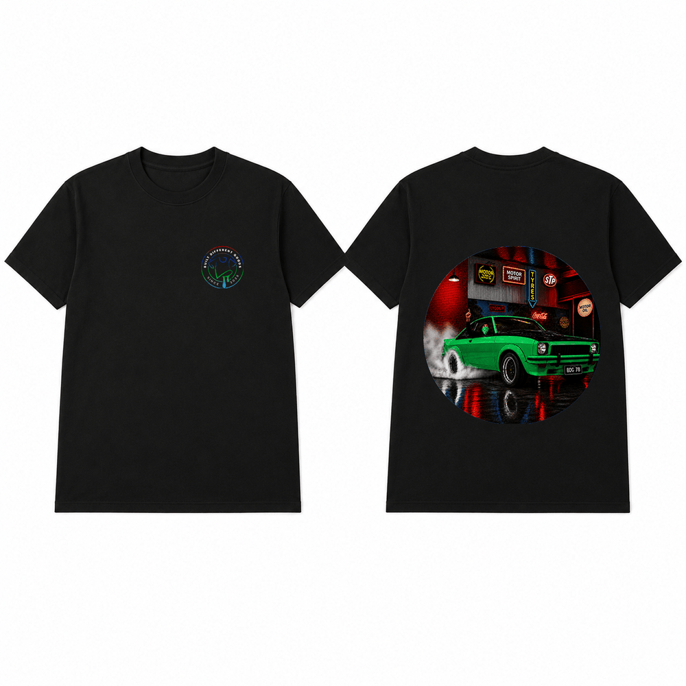 BDG Graphic T-Shirt - Neon Garage Burnout with Classic Coupe - Built Different Goods