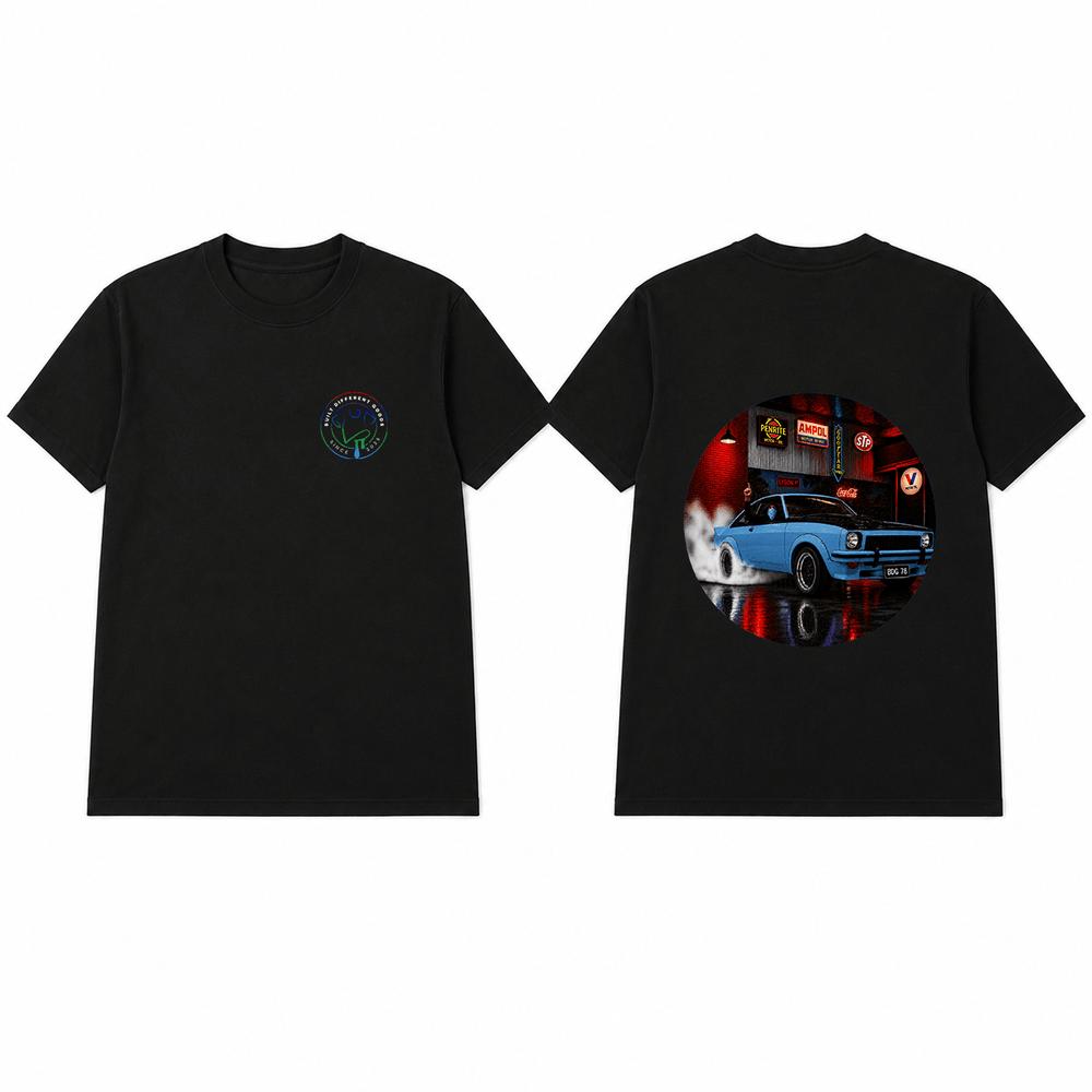 BDG Graphic T-Shirt - Neon Garage Burnout with Classic Coupe - Built Different Goods