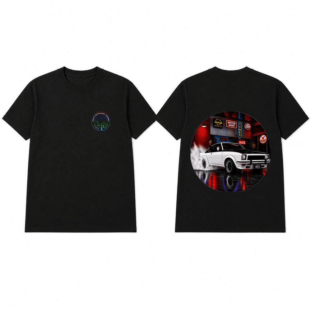 BDG Graphic T-Shirt - Neon Garage Burnout with Classic Coupe - Built Different Goods