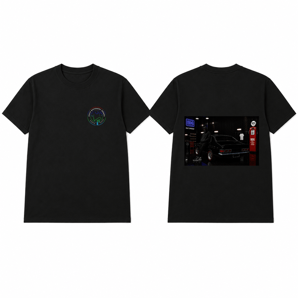 BDG Graphic T-Shirt - Neon Garage Showcase with Classic Coupe - Built Different Goods
