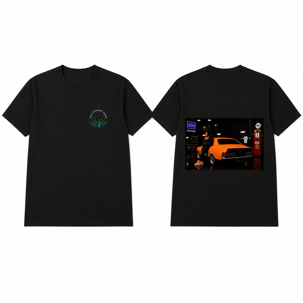 BDG Graphic T-Shirt - Neon Garage Showcase with Classic Coupe - Built Different Goods