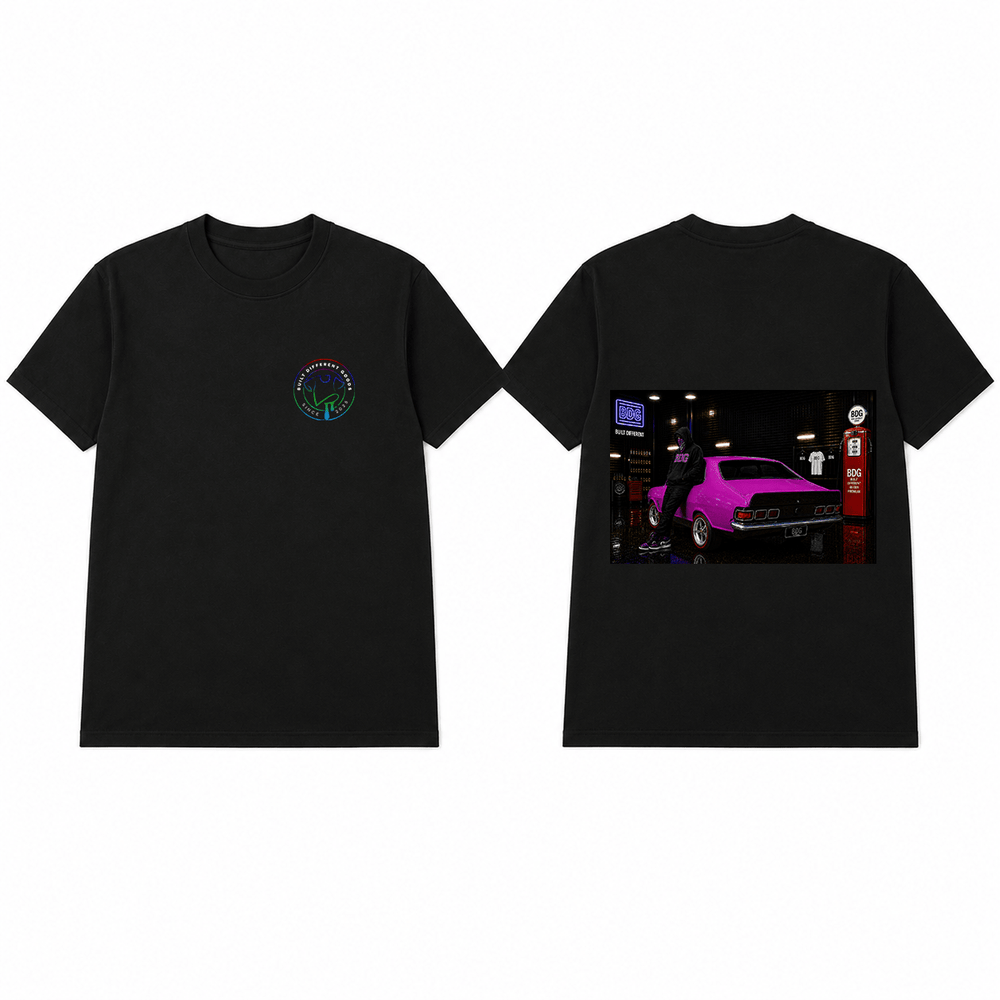 BDG Graphic T-Shirt - Neon Garage Showcase with Classic Coupe - Built Different Goods