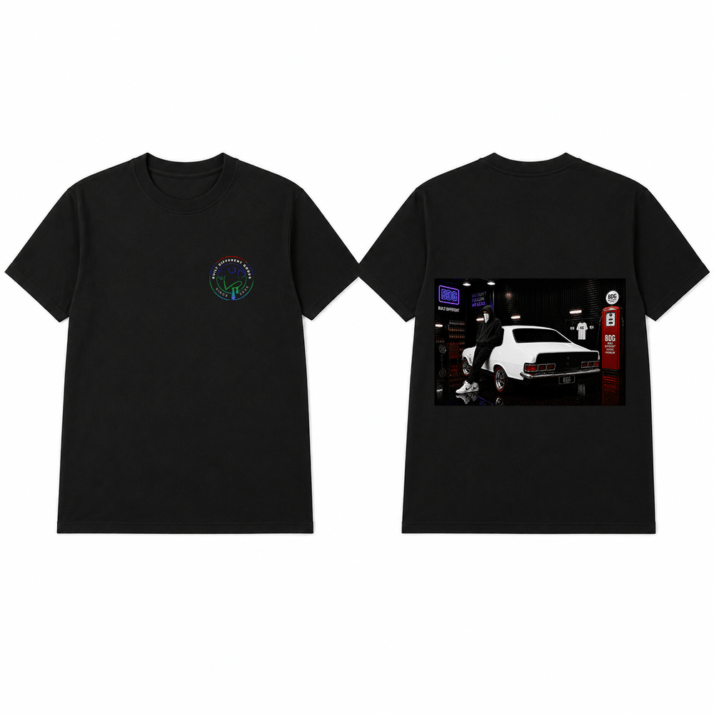 BDG Graphic T-Shirt - Neon Garage Showcase with Classic Coupe - Built Different Goods