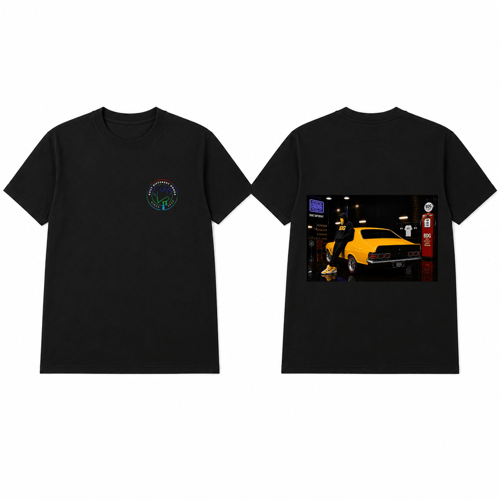 BDG Graphic T-Shirt - Neon Garage Showcase with Classic Coupe - Built Different Goods