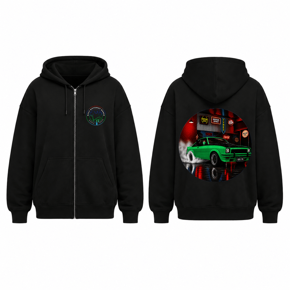 BDG Zip Up Hoodie - Neon Garage Burnout with Classic Coupe - Built Different Goods