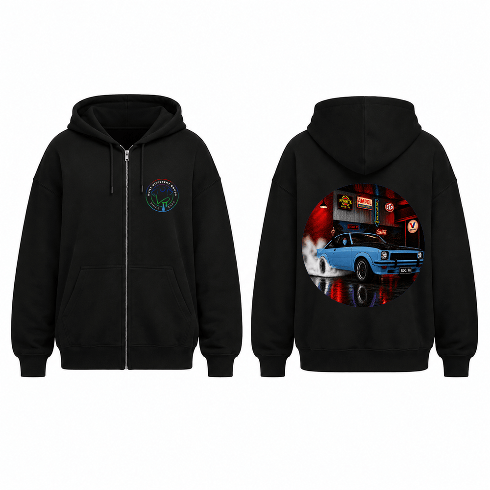 BDG Zip Up Hoodie - Neon Garage Burnout with Classic Coupe - Built Different Goods