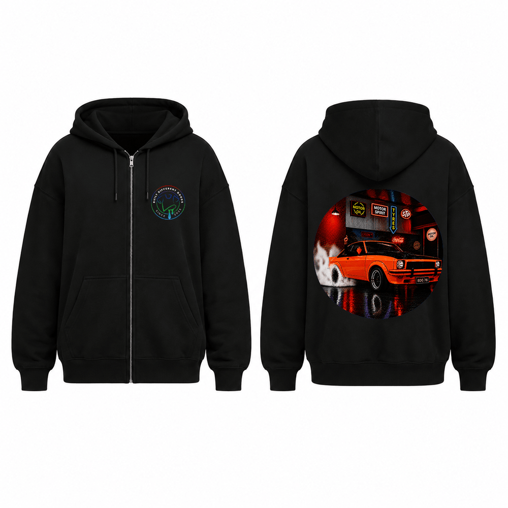 BDG Zip Up Hoodie - Neon Garage Burnout with Classic Coupe - Built Different Goods