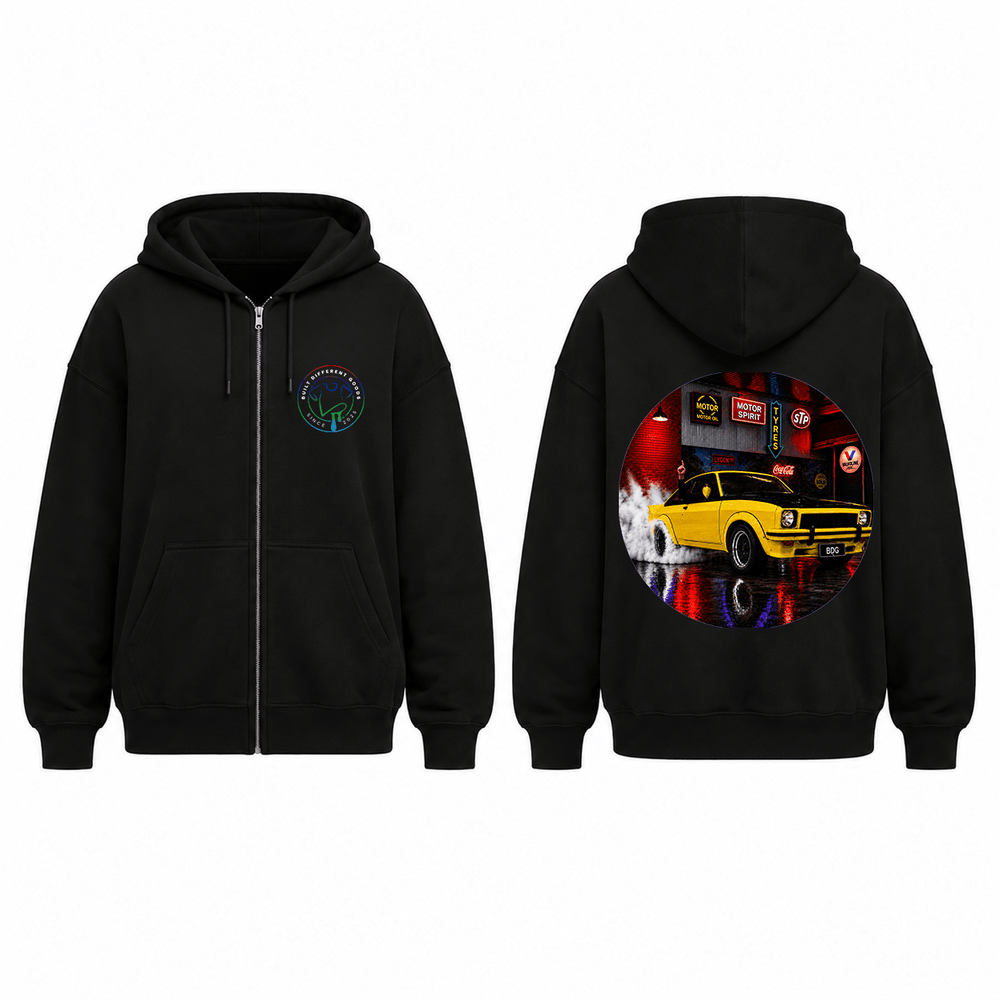 BDG Zip Up Hoodie - Neon Garage Burnout with Classic Coupe - Built Different Goods