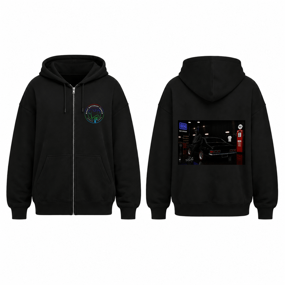 BDG Zip Up Hoodie - Neon Garage Showcase with Classic Coupe - Built Different Goods