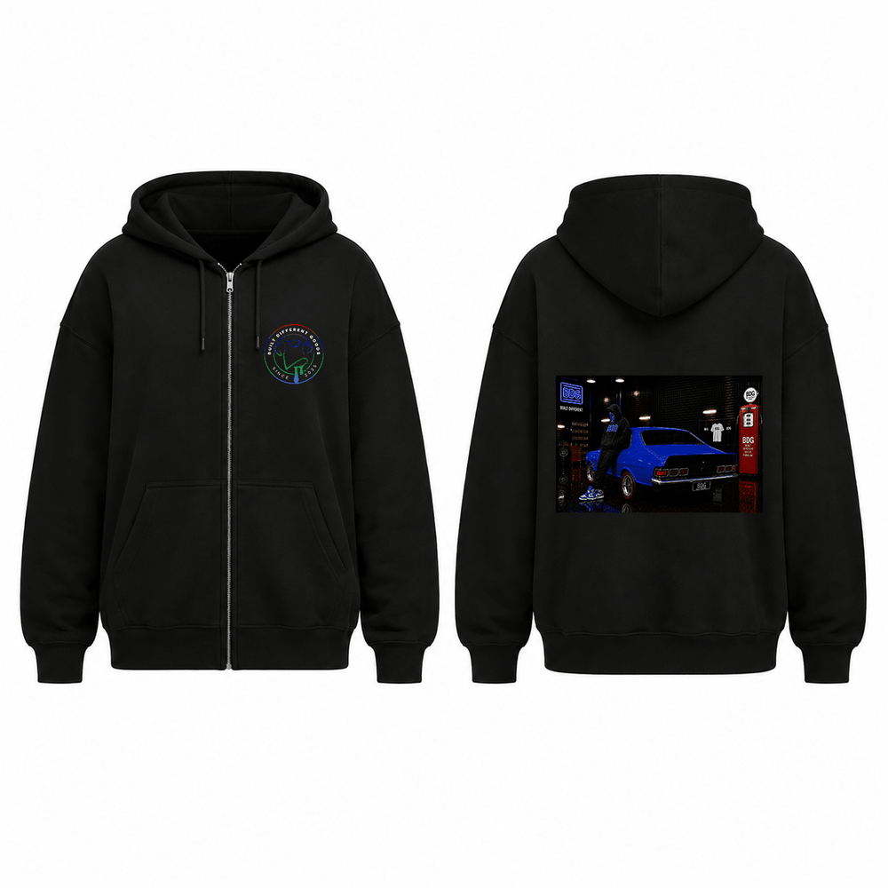 BDG Zip Up Hoodie - Neon Garage Showcase with Classic Coupe - Built Different Goods