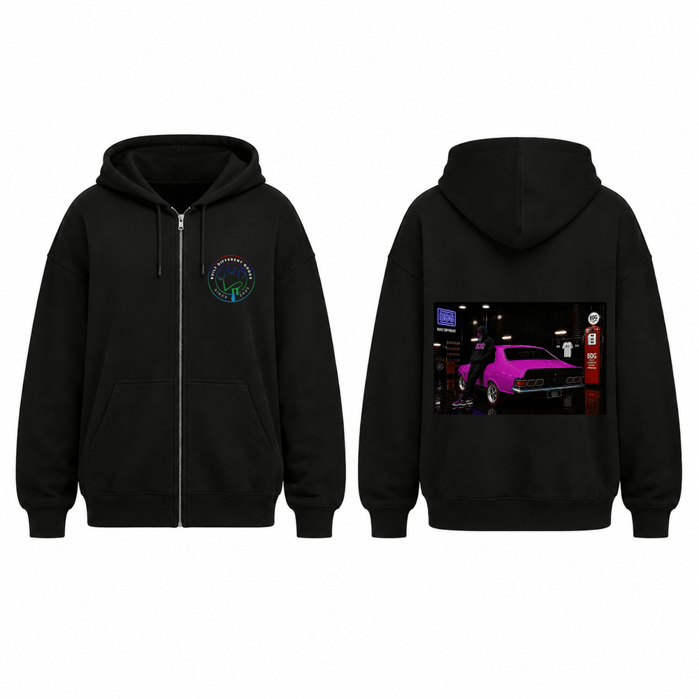 BDG Zip Up Hoodie - Neon Garage Showcase with Classic Coupe - Built Different Goods