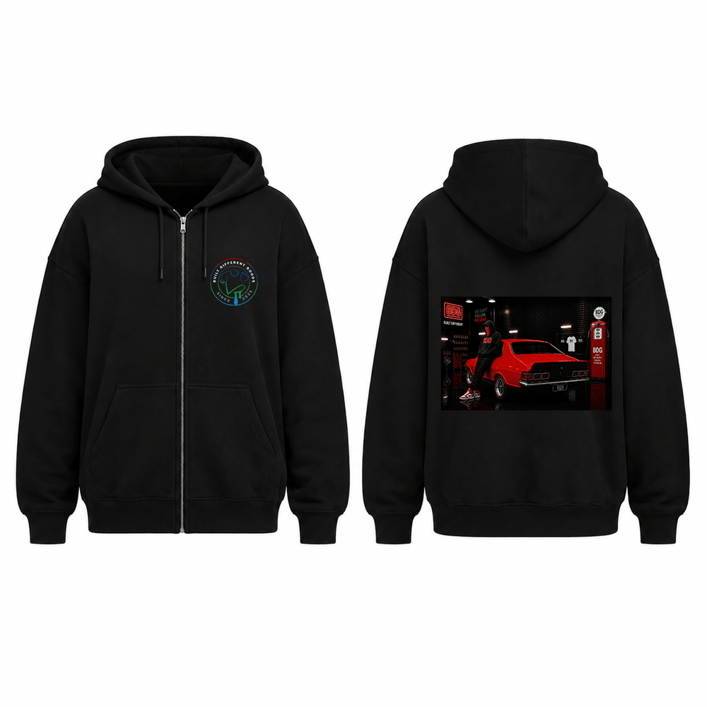 BDG Zip Up Hoodie - Neon Garage Showcase with Classic Coupe - Built Different Goods