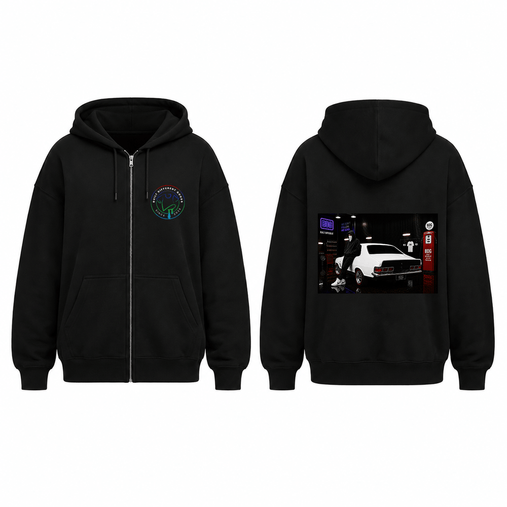 BDG Zip Up Hoodie - Neon Garage Showcase with Classic Coupe - Built Different Goods