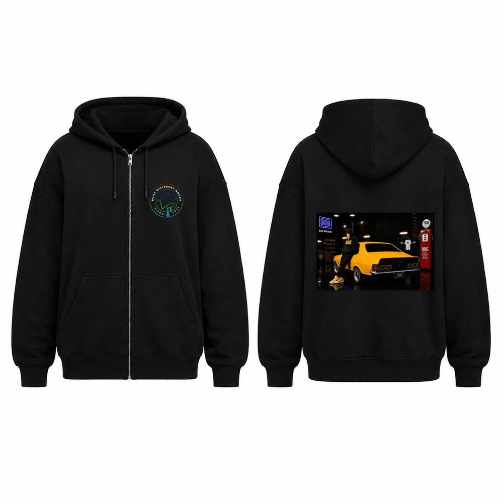 BDG Zip Up Hoodie - Neon Garage Showcase with Classic Coupe - Built Different Goods