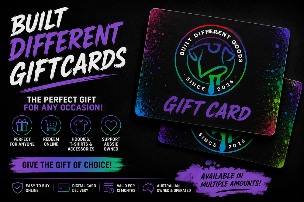 Built Different Goods digital gift card. The perfect gift for custom printed hoodies, T-shirts, tumblers, mugs, stubby holders and more.