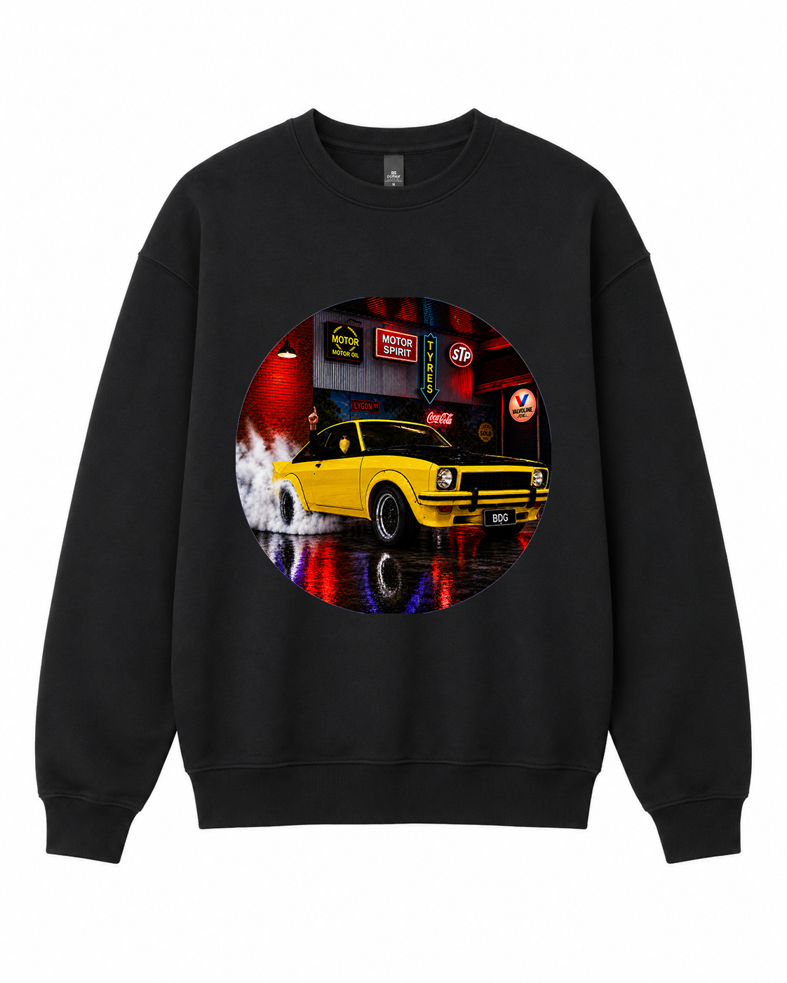 BDG Crew Neck Sweatshirt  - Neon Garage Burnout with Classic Coupe