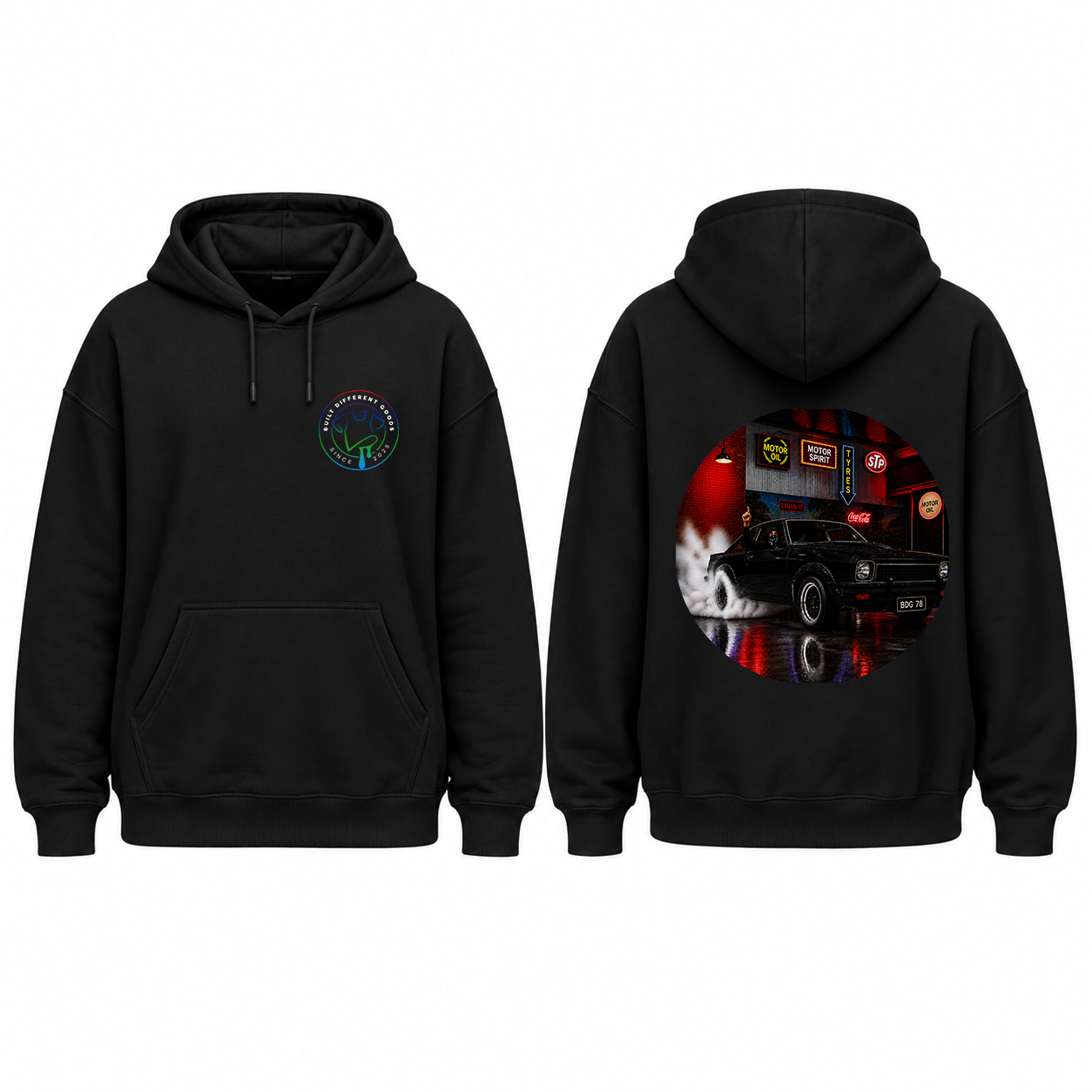BDG Graphic Hoodie - Neon Garage Burnout with Classic Coupe