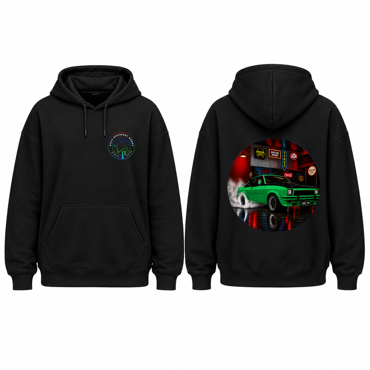 BDG Graphic Hoodie - Neon Garage Burnout with Classic Coupe