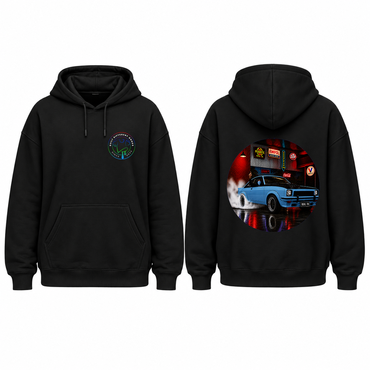 BDG Graphic Hoodie - Neon Garage Burnout with Classic Coupe