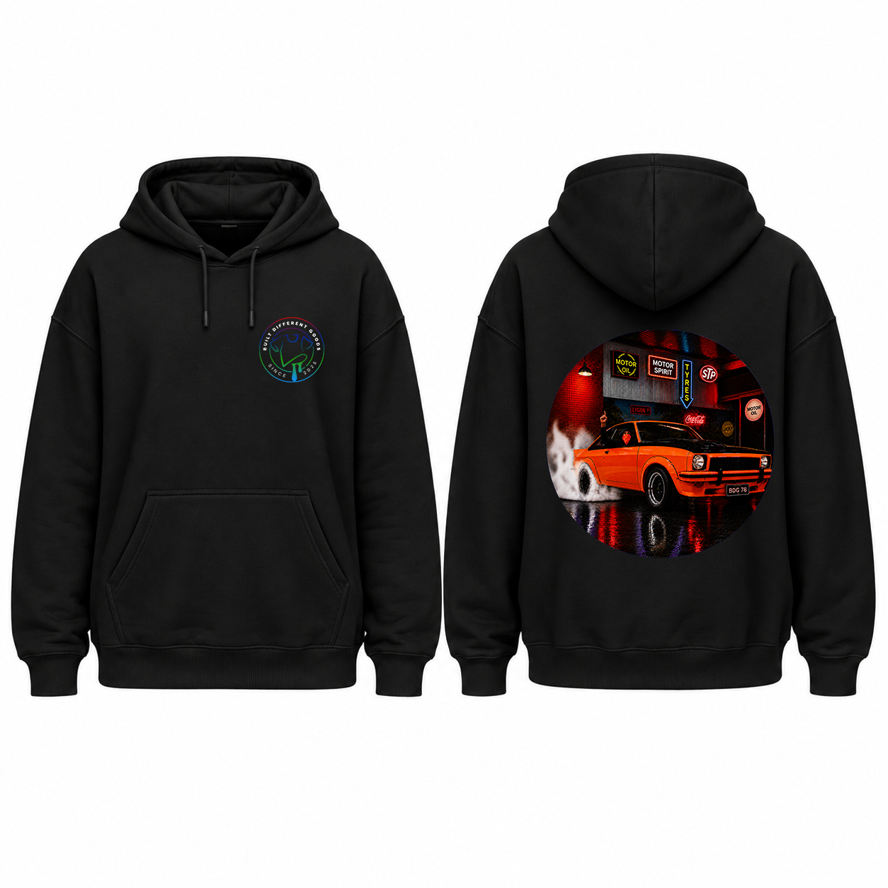 BDG Graphic Hoodie - Neon Garage Burnout with Classic Coupe