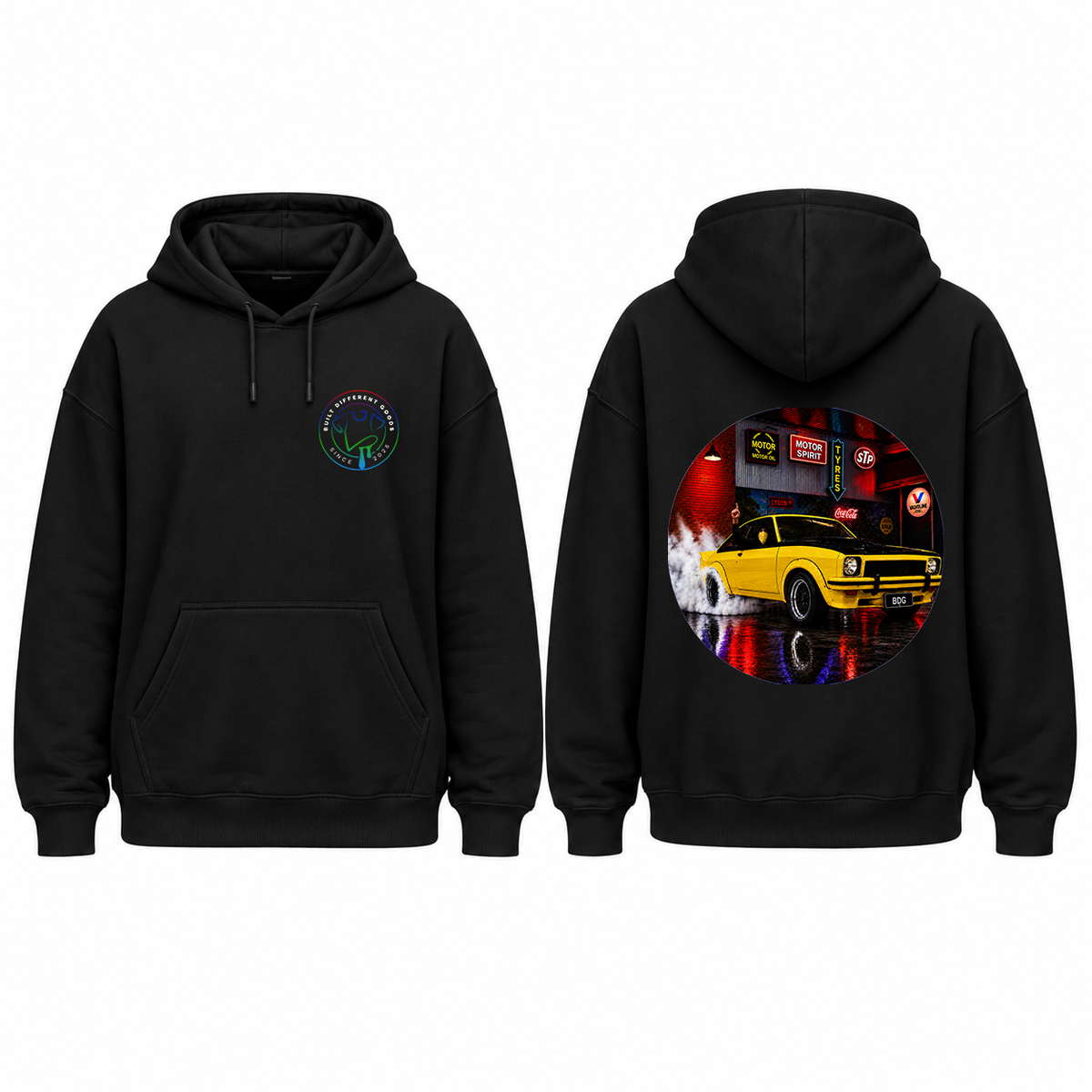BDG Graphic Hoodie - Neon Garage Burnout with Classic Coupe