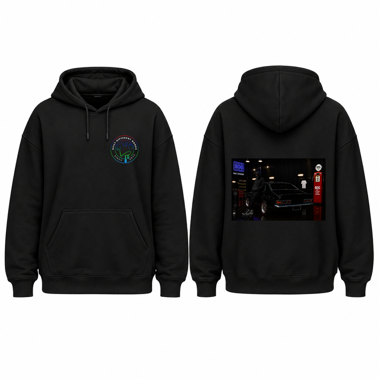 BDG Graphic Hoodie - Neon Garage Showcase with Classic Coupe