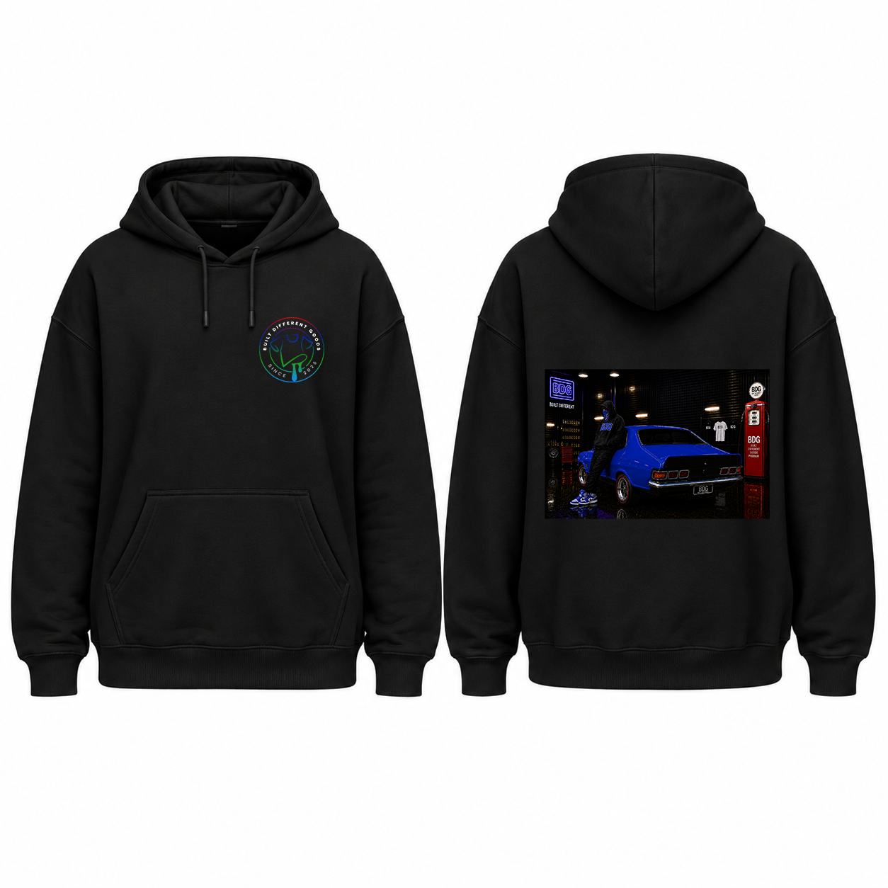 BDG Graphic Hoodie - Neon Garage Showcase with Classic Coupe
