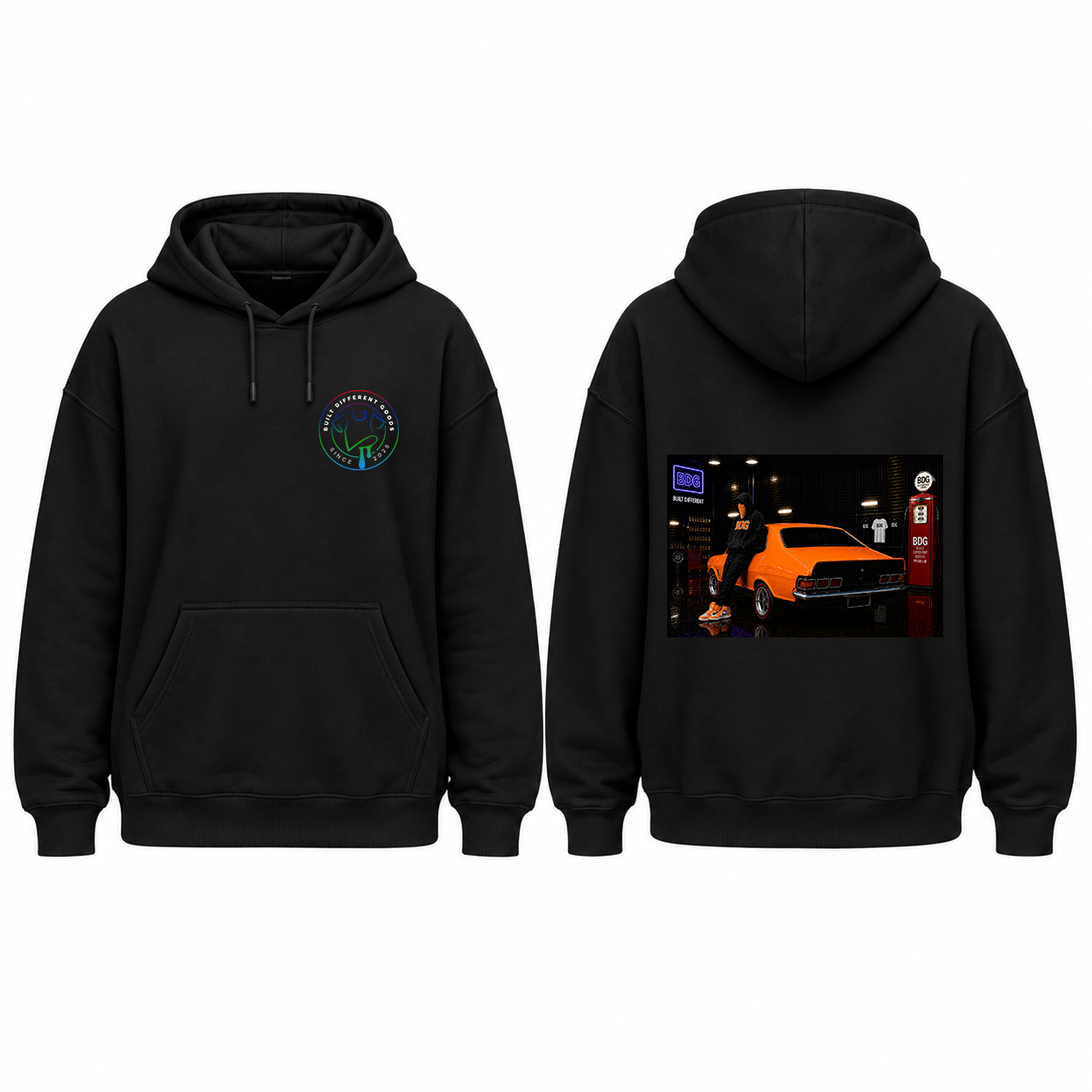BDG Graphic Hoodie - Neon Garage Showcase with Classic Coupe