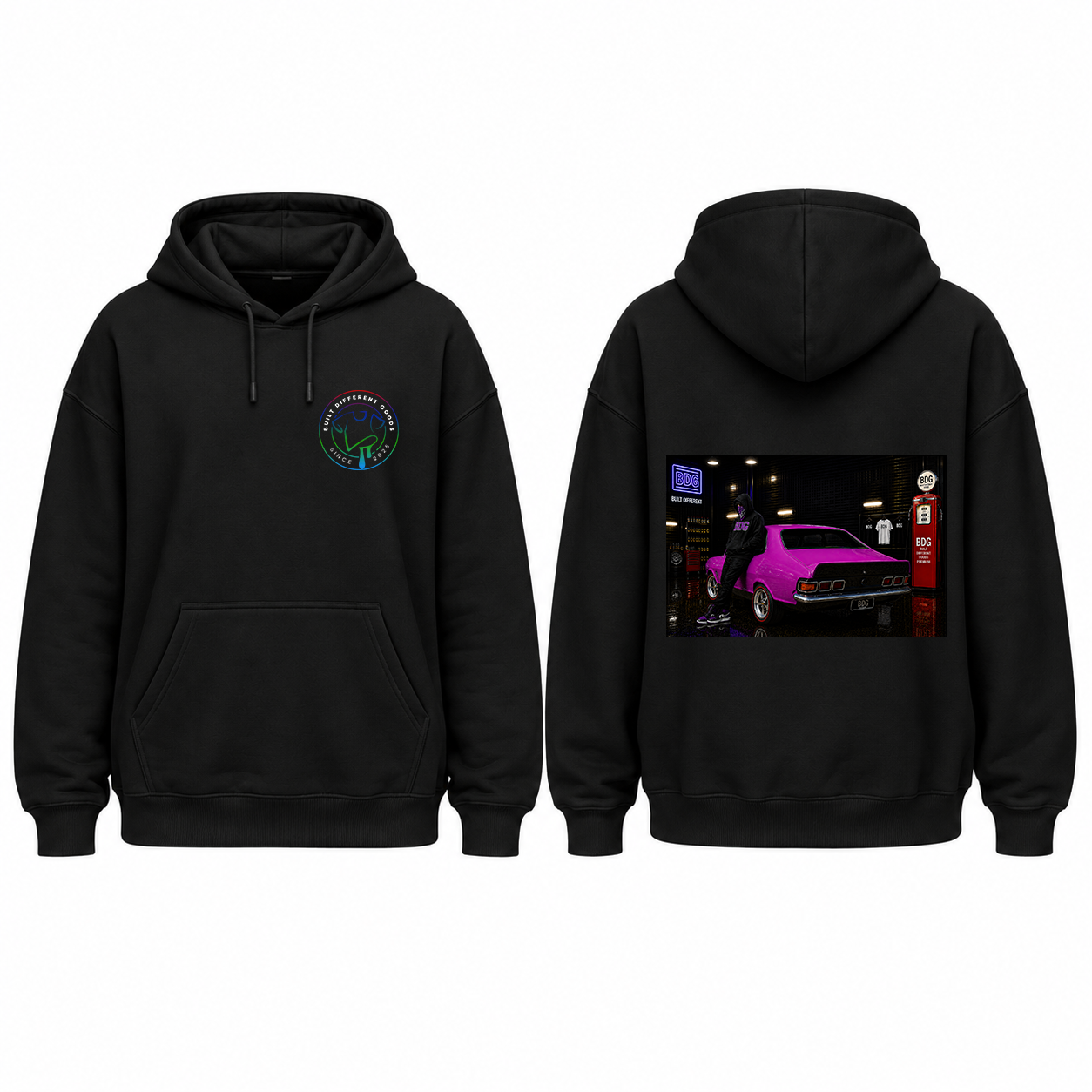 BDG Graphic Hoodie - Neon Garage Showcase with Classic Coupe