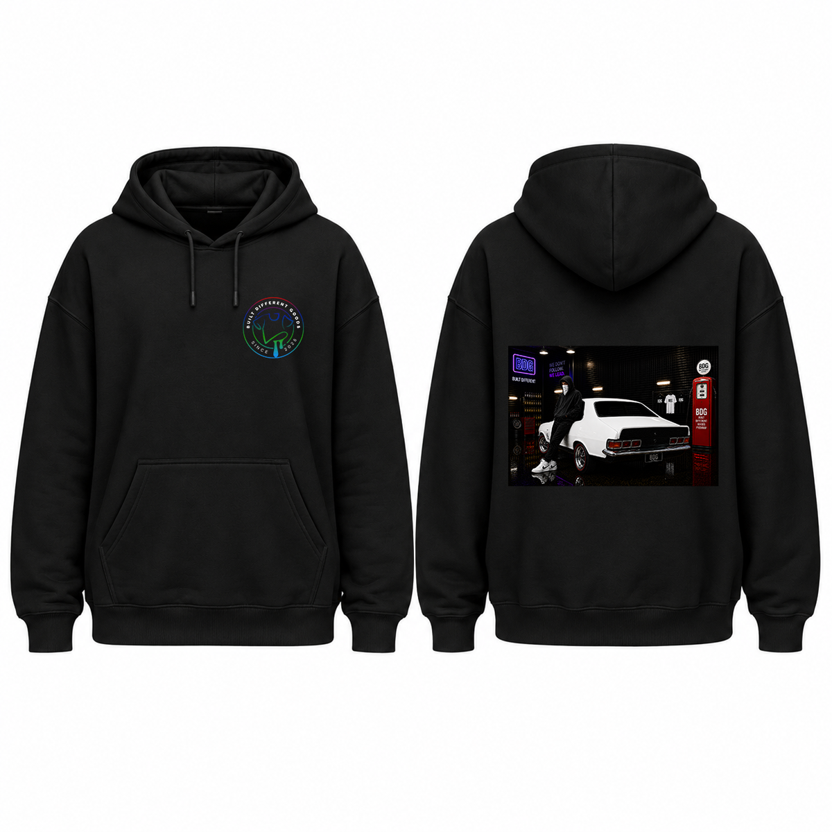 BDG Graphic Hoodie - Neon Garage Showcase with Classic Coupe