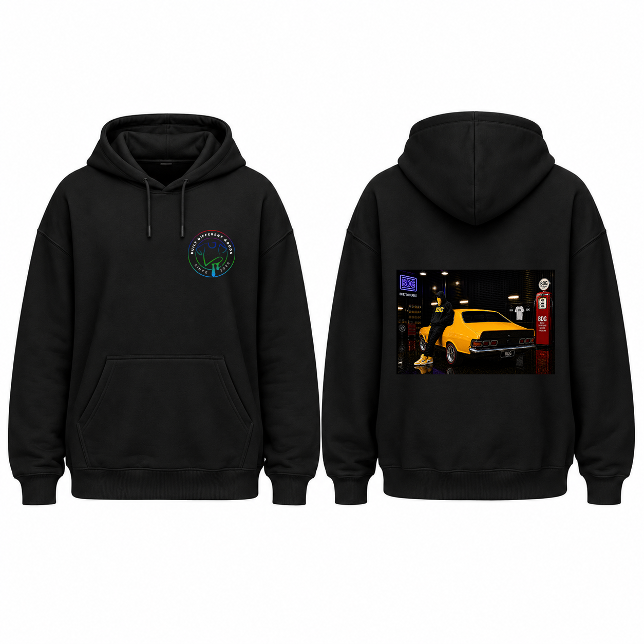 BDG Graphic Hoodie - Neon Garage Showcase with Classic Coupe