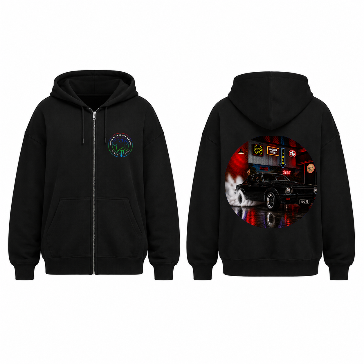 BDG Zip Up Hoodie - Neon Garage Burnout with Classic Coupe
