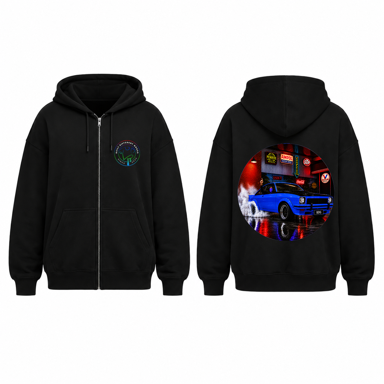 BDG Zip Up Hoodie - Neon Garage Burnout with Classic Coupe